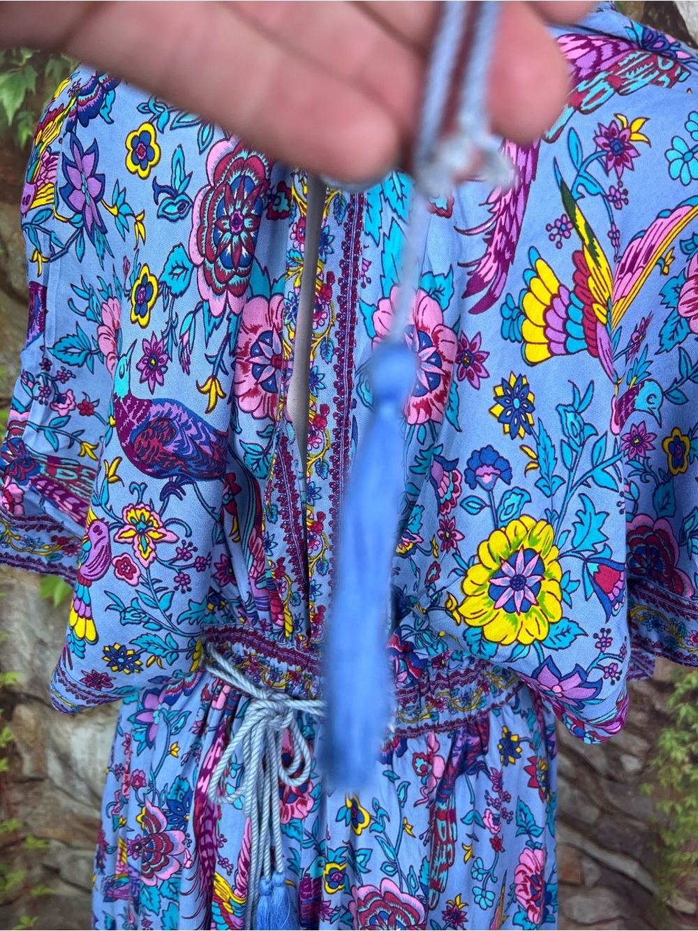 FABRIK Blue Bohemian Floral Tasseled Maxi Dress with Kimono Sleeves, S - Picture 9 of 13